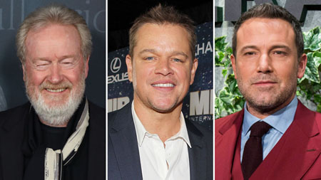 The cast and director of 'The Last Duel,' Matt Damon, Ben Affleck and Ridley Scott.